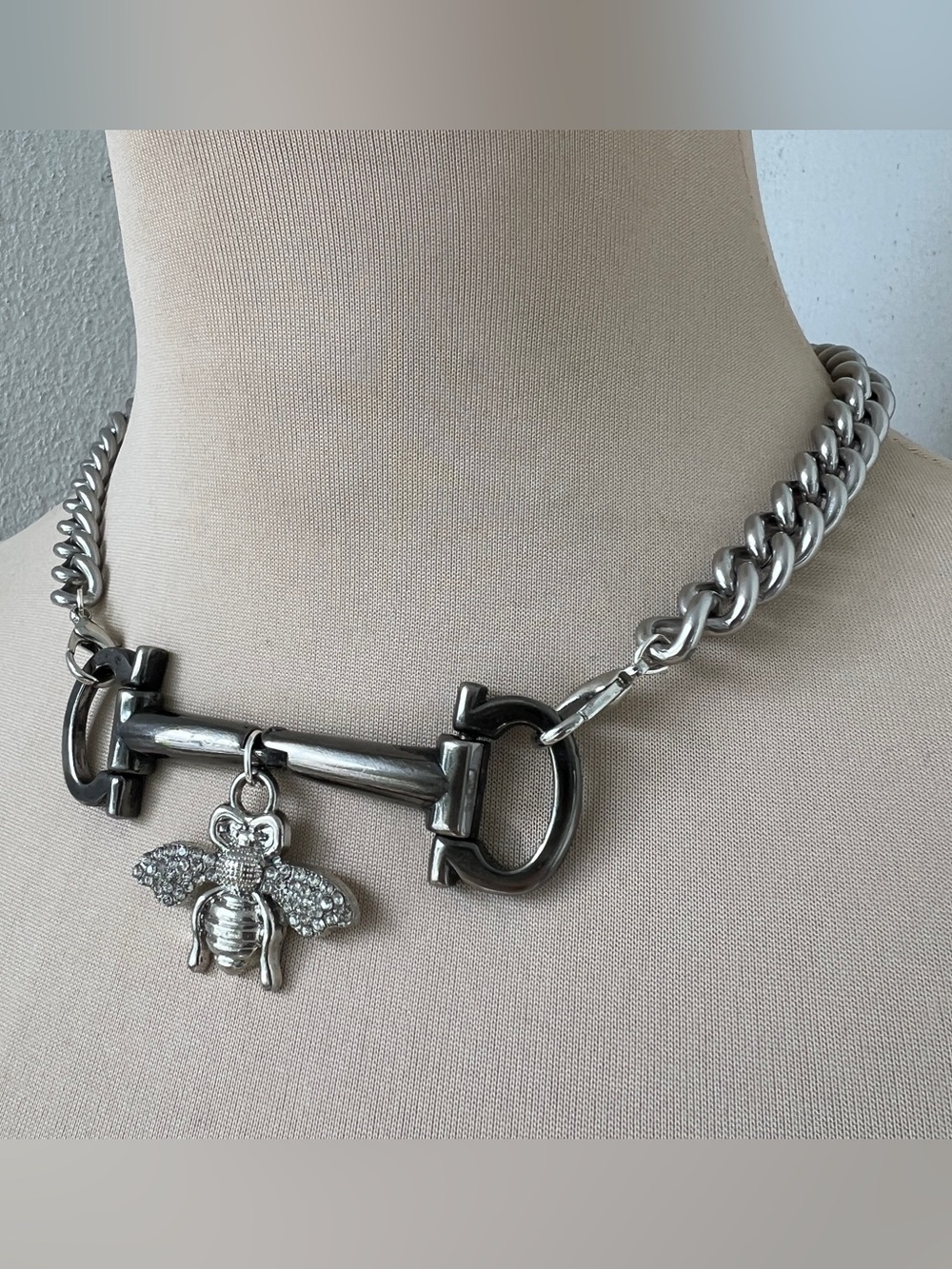 Vintage Ferragamo x Junk You! Rescued Silver Horsebit Honeybee Necklace 16”